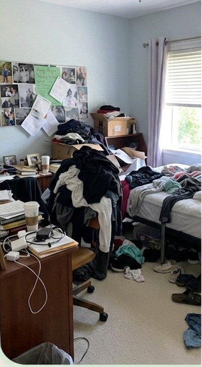 Before: a teen bedroom covered in clothes and clutter
