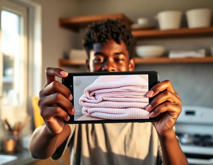 Teen showing photo of folded laundry